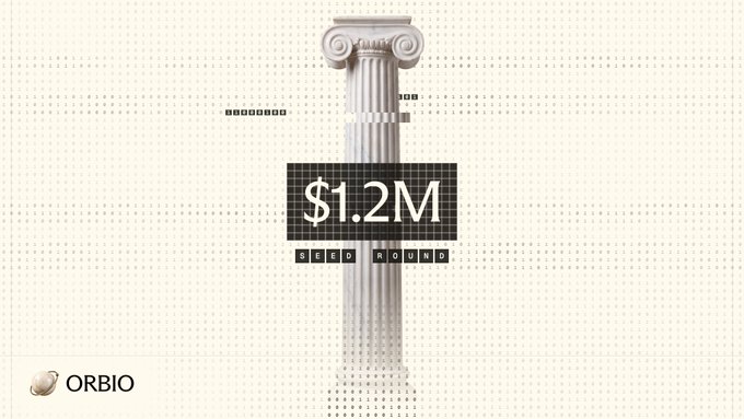 A graphic showing a classical column with a $1.2M Seed Round announcement and the text 'ORBIO' in the bottom left corner.