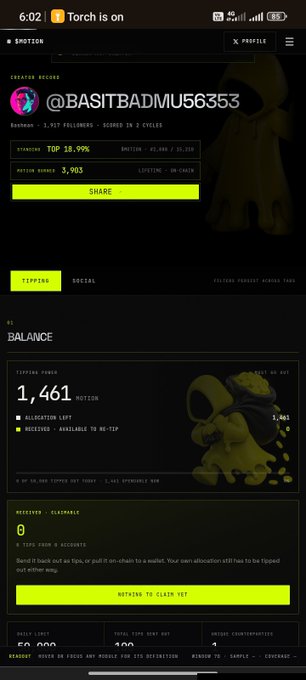 A mobile screenshot of a '$MOTION' creator profile for @BASITBADMU56353 showing a balance of 1,461 MOTION and 0 received claimable tokens.