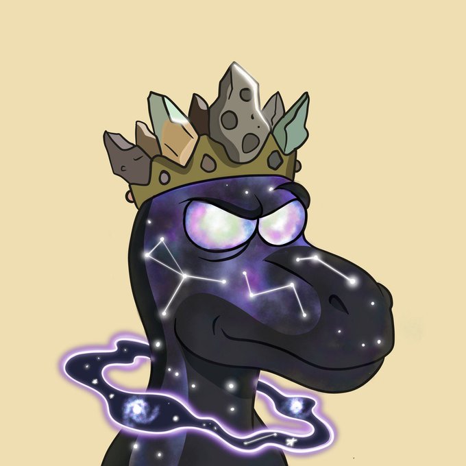 The image features a cartoon dinosaur with a large head, wearing a crown of stars and surrounded by planets and comets. The dinosaur appears to be in a space-like setting, possibly an outer space or galaxy theme. The caption below the image reads "Rare 1/1 galaxy bonkosaur sneak peek 111 bonkonft.xyz/stake". This suggests that the image is part of a collection showcasing unique and rare cartoon dinosaurs with distinct features and settings.