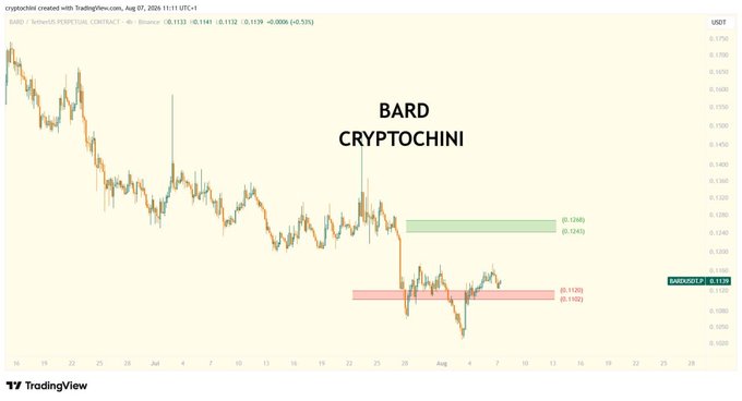 TradingView candlestick chart for BARD/USDT (created with TradingView.com, Aug 07, 2026) labeled 'BARD CRYPTOCHINI', showing consolidation around $0.1120 with highlighted support and resistance zones.
