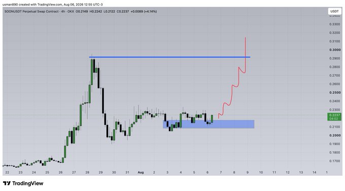 A TradingView 4-hour chart for the SOONUSDT perpetual contract (created by user u/sman980 on Aug 06, 2026 at 12:55 UTC-3) shows a price breakout above a horizontal resistance level near $0.2900, with a projected path (red line) targeting roughly $0.3000+ as $SOON breaks out of its consolidation range highlighted in blue.