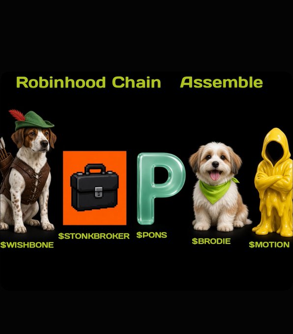 The graphic titled "Robinhood Chain Assemble" showcases a cast of meme-style characters representing crypto tickers: a hunter dog ($WISHBONE), a briefcase on an orange square ($TONKBROKER), a green letter "P" ($PONS), a smiling puppy with a bandana ($BRODIE), and a yellow hooded figure ($MOTION). It visually represents the community tokens mentioned in the post, particularly highlighting $MOTION and $PONS as central pieces of the ecosystem.