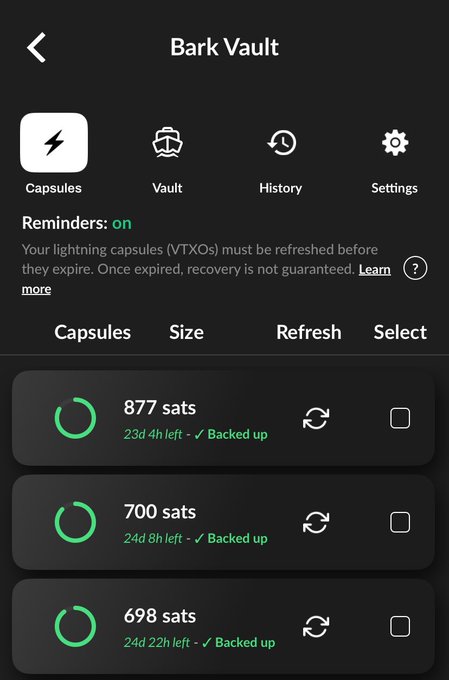 A screenshot of the "Bark Vault" interface displaying three Lightning Capsules (VTXOs) with sizes of 877 sats, 700 sats, and 698 sats, all marked as "Backed up" with remaining validity periods of approximately 23-24 days and a notification that "Reminders: on." The image illustrates the fixed and improved vault functionality mentioned in the post, showcasing the refreshed capsule management screen where users can monitor and renew their backed-up lightning balances.