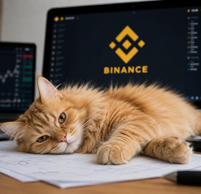 A fluffy orange cat lies on a piece of paper on a desk, positioned in front of a laptop displaying the yellow Binance logo.