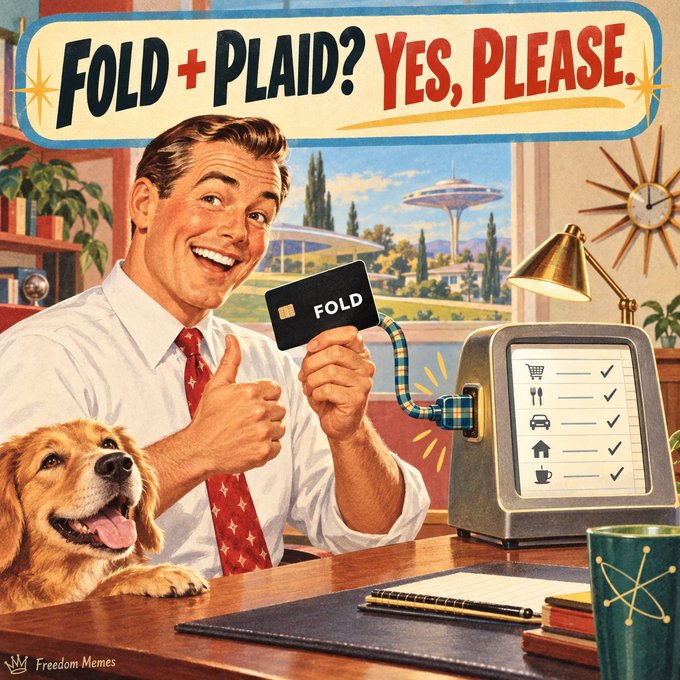 A retro-style illustration with the text 'FOLD + PLAID? YES, PLEASE' showing a smiling man giving a thumbs up while holding a 'FOLD' card next to a retro computer and a golden retriever.