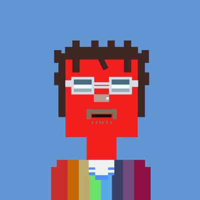 Low-resolution pixel art illustration of a red-skinned male character wearing glasses, a mustache, and a colorful striped shirt against a blue background.