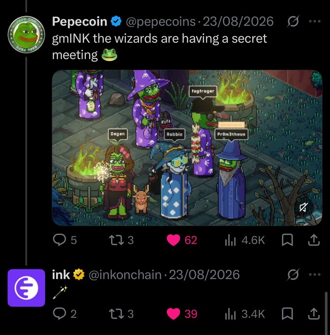 A social media post by Pepecoin (@pepecoins) saying 'gmINK the wizards are having a secret meeting 🐸', featuring an image of pixel-art Pepe characters dressed as wizards around cauldrons, dated 23/08/2026.