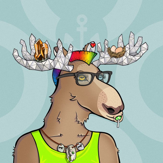 A cartoon illustration of a deer character with rainbow-colored antlers, wearing glasses and a neon green tank top, with a crystal on one antler and a nest with a heart on the other, against a background featuring a female symbol.