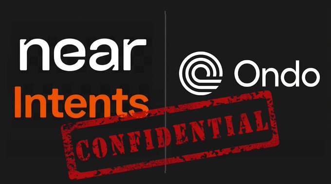 Promotional image featuring 'near Intents' and 'Ondo' logos side by side, overlaid with a red 'CONFIDENTIAL' stamp.