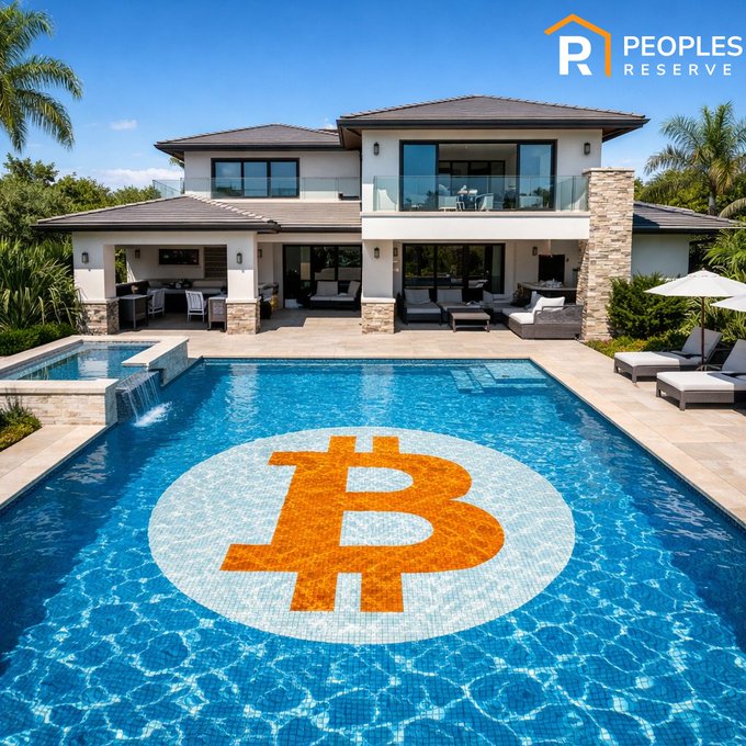 A luxury home features a swimming pool with a large Bitcoin (₿) mosaic on its floor, while the "Peoples Reserve" logo appears in the top right corner. The image illustrates the post's message about Bitcoin transitioning from a savings tool to broader ownership, with the cryptocurrency symbol built directly into high-value real estate symbolizing tangible wealth and asset ownership.