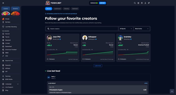 The image shows the Toshi.bet homepage, a crypto sportsbook interface featuring a "Follow your favorite creators" section with top bettors like Jean Phil (+55.2%), bitsapper (+59), and brainiely (+2167%) along with a live bet feed showing odds on Philadelphia Eagles. It visually supports the post's claim by demonstrating a transparent, ranked leaderboard of sports bettors tied to social accounts, showcasing real performance metrics that anyone could verify.