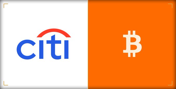 A split image displays the Citi bank logo on a white background on the left and the Bitcoin symbol on an orange background on the right.