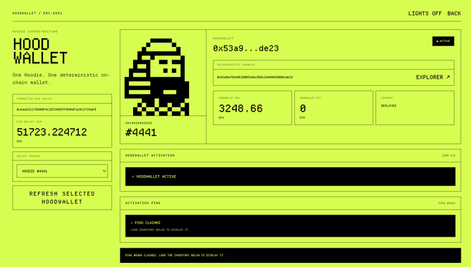A green terminal-style interface displays information for a 'HOOD WALLET' showing a balance of '3248.66 USDC', an ENS name '#4441', and a FID pinned at '0'.