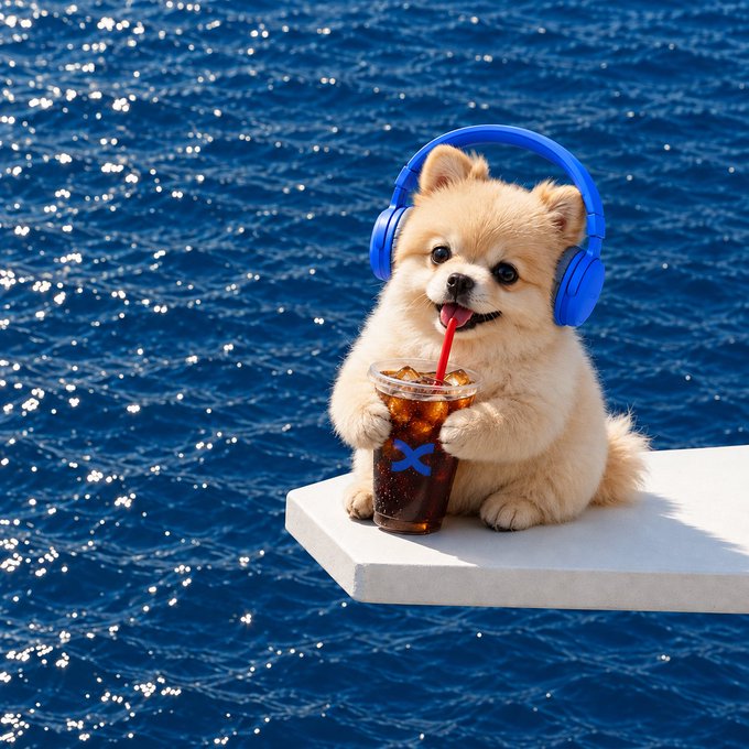 A tiny Pomeranian wearing blue headphones sits on a white diving board over sparkling ocean water, sipping an iced coffee with a red straw from a cup marked with a blue "X" logo—perfectly embodying the post's relaxed, "vibe" aesthetic of leisurely letting life come to you.
