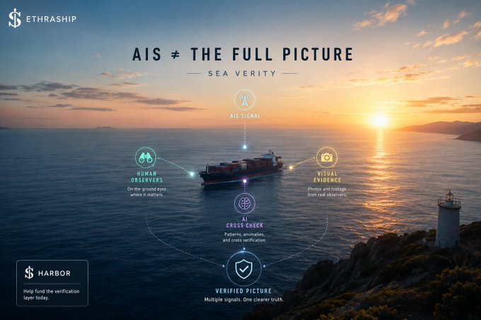 An infographic titled 'AIS ≠ THE FULL PICTURE - SEA VERITY' by EthraShip, showing how AIS signal, human observers, visual evidence, AI cross-check, and verified picture combine to provide accurate shipping information over a sunset ocean scene with a cargo ship.
