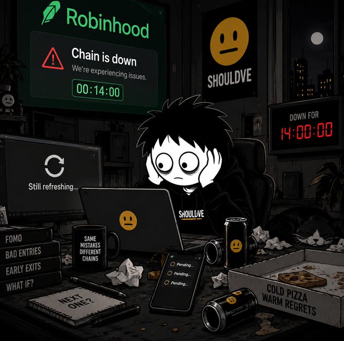 Illustration of a frustrated anime-style character at a desk watching a Robinhood screen showing 'Chain is down' for 14 hours, surrounded by items labeled 'FOMO', 'BAD ENTRIES', 'EARLY EXITS', 'WHAT IF?', 'NEXT ONE?', 'COLD PIZZA WARM REGRETS', and 'SHOULDVE'.