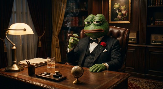 A 3D-rendered image of a green frog character wearing a pinstripe suit, bow tie, and a red rose boutonniere, smoking a cigar while sitting at a desk in a classic office setting.