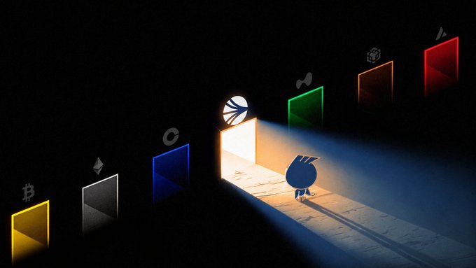 The image shows a stylized dark scene with a blue character (resembling Sonic) standing in a beam of light projected through an open door, surrounded by colored doors labeled with cryptocurrency symbols: Bitcoin (₿), Ethereum (Ξ), Solana, Sui, Ethereum Classic, and Tether (₮).

The caption likely highlights how the creator gained access to or "opened the door" to the crypto ecosystem—particularly Sui—thanking related projects and figures (like CZ of Binance and Tether's Paolo Ardoino) for the journey into these blockchain communities.