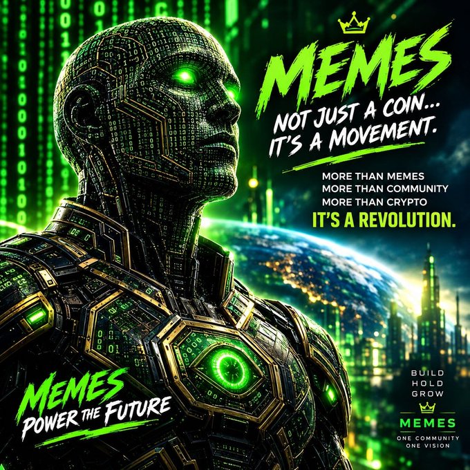 A crypto promotional graphic for 'MEMES' token featuring a futuristic armored figure with glowing green eyes, with text reading 'Not Just A Coin... It's A Movement' and 'Power The Future - One Community One Vision.'