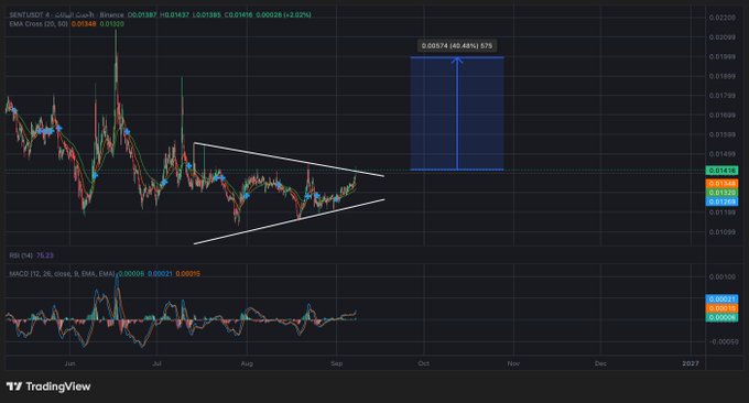 A TradingView chart for STRAT/USDT on the Bullx.io platform showing price action in a descending symmetrical triangle formation from June through September, with a projected 40.46% breakout target, alongside RSI and MACD indicators.