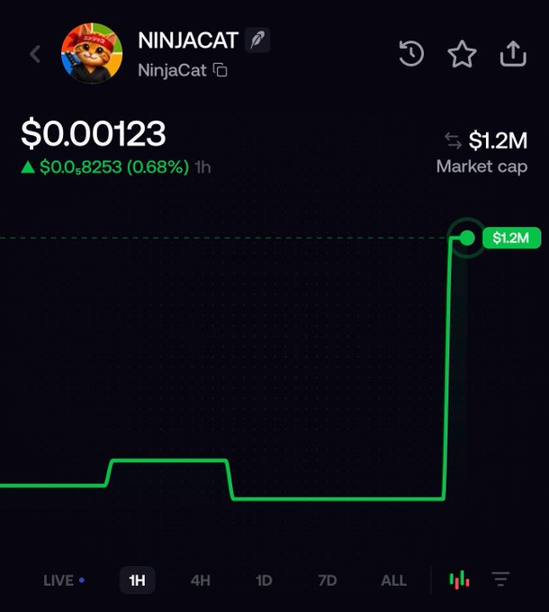 The image shows a Robinhood-style cryptocurrency tracking page for "$NINJACAT" (NinjaCat), displaying a current price of $0.000123 with a 0.68% increase ($0.0₈8253) over 1 hour and a market cap of $1.2M. The chart reveals a sharp vertical spike from a previously flat line to the $1.2M market cap level, visually confirming the accompanying post's claim that $NINJACAT reached a $1 million market cap milestone rapidly in just a few days, with the steep upward trajectory illustrating the community-driven growth the post attributes to strong holder support.