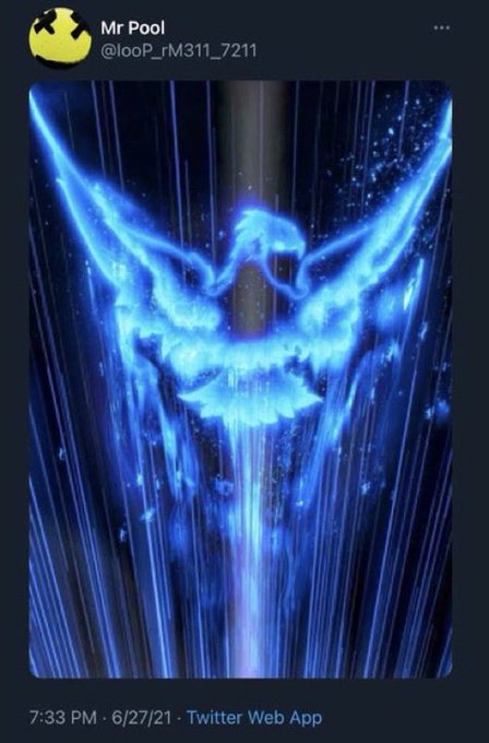 A Twitter post by user Mr Pool (@looP_rM311_7211) dated 6/27/21 featuring a glowing blue phoenix-like figure with wings spread, surrounded by falling light streaks.