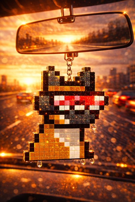 A pixel-art beaded charm/ornament depicting a cat character hanging from a car's rearview mirror, with rain droplets on the windshield and a sunset cityscape visible in the background.