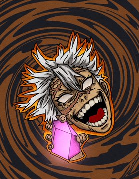 Stylized illustration of a spiky white-haired character screaming while holding a glowing pink crystal, set against a brown swirling background.