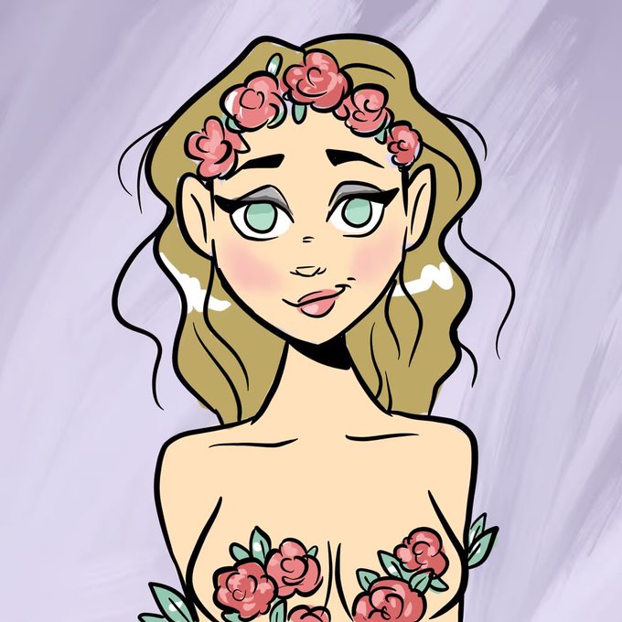A cartoon illustration of a young woman with blonde hair adorned with a pink rose crown, green eyes, and pink roses decorating her dress, set against a light purple background.