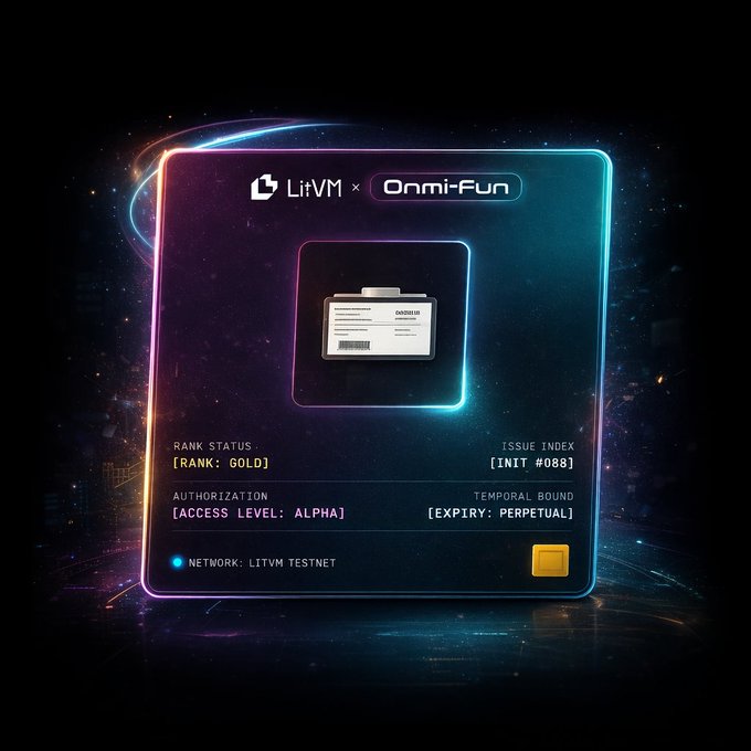 The image shows an advertisement for an OnmiFun campaign, which is a Bitcoin wallet. The advertisement features a square-shaped card displaying information about the campaign, including its title "LitVM" and the name of the campaign as "OnmiFun". It also highlights that the campaign has ended season 1 with 150M tokens allocated to it. The text on the card indicates that users can check their wallet status by visiting the app.