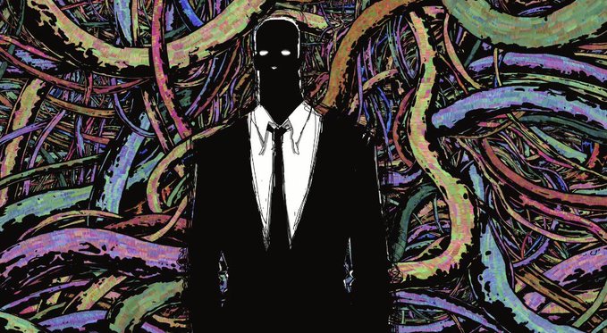 Dark comic-style illustration of a faceless figure in a black suit and tie surrounded by colorful, chaotic tentacles.
