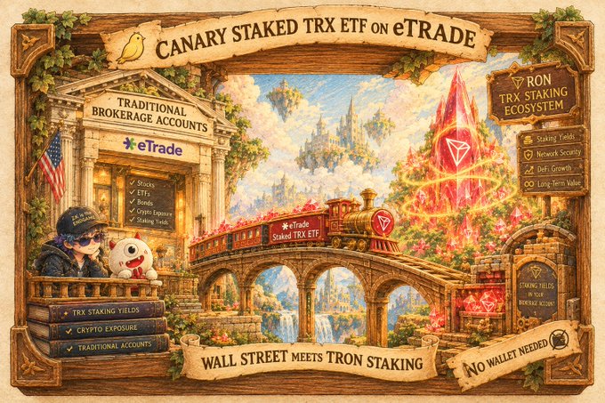 An illustrated promotional graphic for the 'Canary Staked TRX ETF on eTRADE' on the Tron (TRX) staking ecosystem, depicting Wall Street meets Tron staking with no wallet needed.