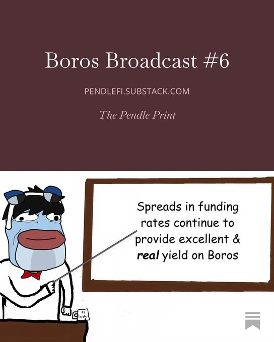 A maroon promotional banner for 'Boros Broadcast #6' from PENDLEFI.SUBSTACK.COM featuring 'The Pendle Print', with a cartoon cow character pointing to text reading 'Spreads in funding rates continue to provide excellent & real yield on Boros'.