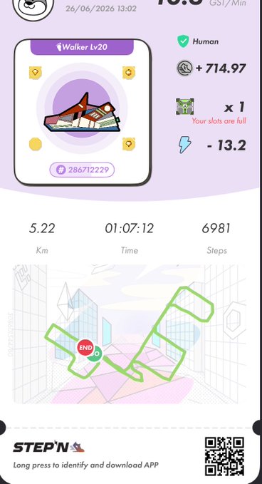 The image shows a STEPN app screenshot displaying a completed walk titled "Walker Lv20" with stats: 5.22 Km, 01:07:12 time, 6981 steps, earning +714.97 GST/Min and -13.2 energy. The accompanying post celebrates a lunch break walk where the user encountered a cat, matching the green GPS-tracked route shown on the map.