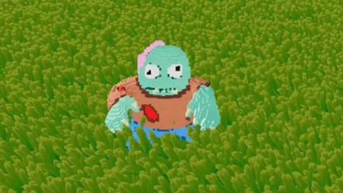 A pixel-art green zombie-like character with a fin on its head, glasses, and a brown shirt stands in a 3D field of green grass.