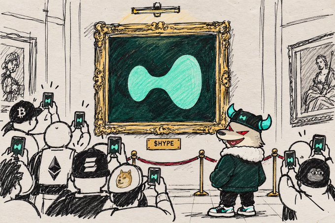 A cartoon art gallery scene where a crowd of crypto investors photograph a framed digital painting labeled "$HYPE", while an anthropomorphic dog character wearing a "H" cap and sneakers stands proudly beside it.