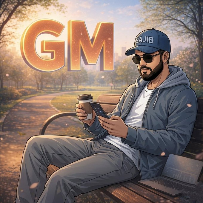 A man wearing sunglasses sitting with a laptop and a cup of coffee on his lap near a bench and holding onto his phone.