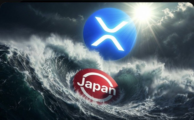 A dramatic image showing massive crashing ocean waves with two cryptocurrency logos superimposed: a blue XRP (Ripple) logo above and a red 'Japan' logo below.