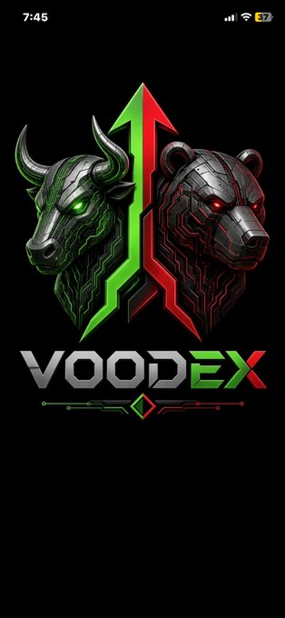 A mobile wallpaper featuring a gaming logo 'VOODEX' with two robotic animal heads - a bull in green on the left and a bear in red on the right - separated by a lightning bolt, displayed on a phone screen showing the time 7:45 and 37% battery.