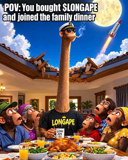 A meme captioned 'POV: You bought $LONGAPE and joined the family dinner' showing a bizarre hybrid of a human neck and ostrich body wearing a 'LONGAPE' shirt at a dinner table with monkey family members.
