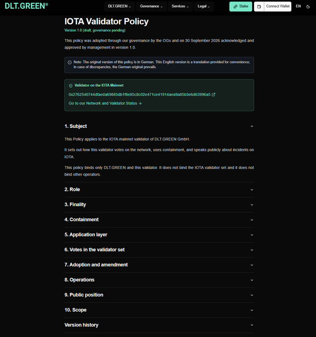 Screenshot of the DLT.GREEN website displaying the 'IOTA Validator Policy' with sections including Subject, Role, Finality, and Containment, plus a validator address starting with 0x2762540744dfada.