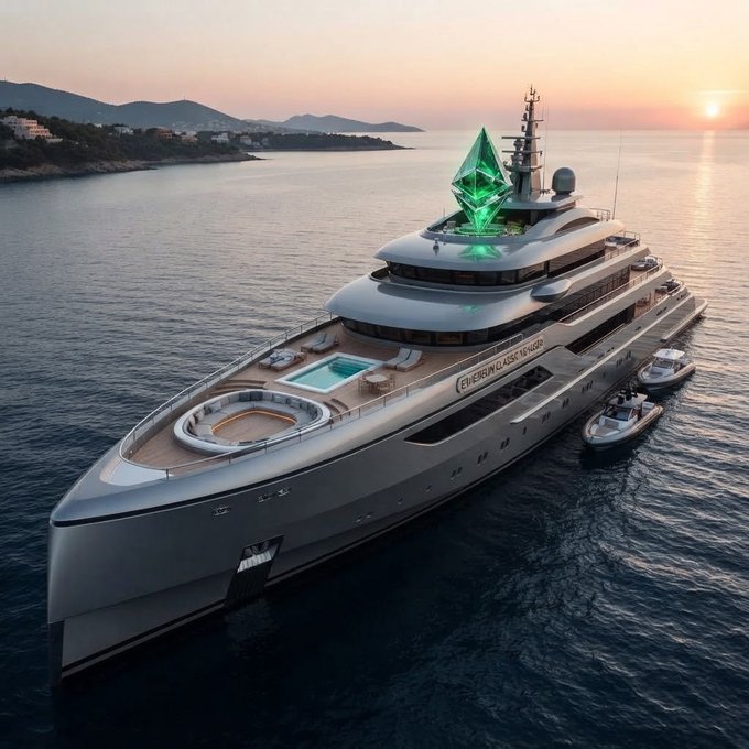 A luxury superyacht at sunset at sea featuring a large glowing green Ethereum crystal diamond on the top deck.