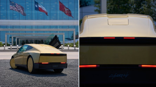 A split image showing a gold-colored Cybertruck-like vehicle parked in front of a building with American, Chilean, and another flag, alongside a close-up of the vehicle's rear tail lights.