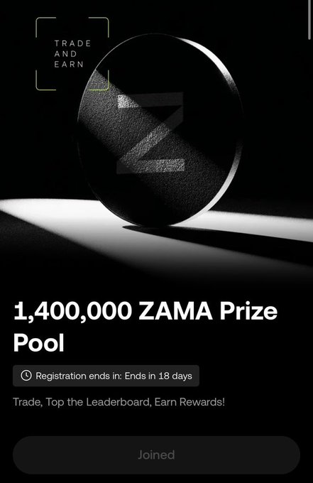 A promotional graphic for a "Trade and Earn" campaign featuring a sleek black sphere with the Zama "Z" logo, advertising a "1,400,000 ZAMA Prize Pool" with registration closing in 18 days and a "Joined" status button, aligning with the post's mention of an OKX Africa Golden Fall competition rewarding eligible trading volume.