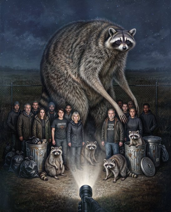 A dark, surreal illustration showing a group of people standing before a giant raccoon under a starry night sky, with smaller raccoons around them and trash bags nearby, illuminated by a flashlight beam.