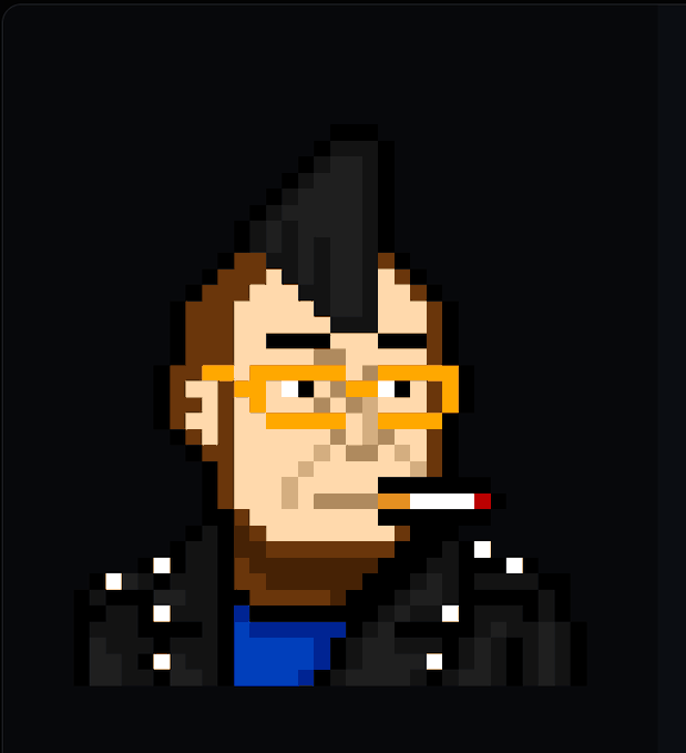 A pixel-art portrait of a man with a brown goatee, orange glasses, and a black leather jacket, smoking a cigarette with the tip glowing red.