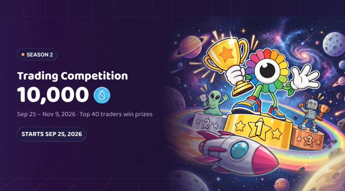 A promotional graphic for 'SEASON 2 Trading Competition' with a 10,000 prize pool, running Sep 25 - Nov 9, 2026, featuring cartoon characters with a trophy, alien, robot, and rocket against a space background.