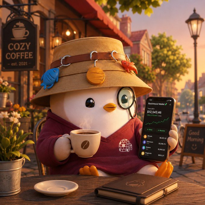 An adorable cartoon chick in a bucket hat and red sweater sips coffee at a cafe, holding up a phone showing a Robinhood Wallet portfolio with a total value of $12,543.46, perfectly capturing the "Good Morning" vibe of casually checking crypto while wondering if credit card cashback on memecoins counts as smart risk management.