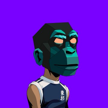 A stylized 3D-rendered character with teal-blue skin and a sleeveless top with Japanese kanji characters, set against a purple background.