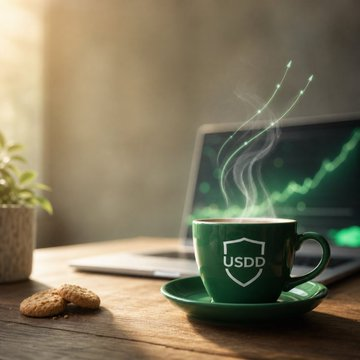 A steaming green coffee mug branded "USDD" sits beside a laptop showing upward-trending charts, with rising aroma wisps forming a chart-like pattern that visually mirrors the yield growth discussed in the post about Pendle Finance's yield stripping mechanism for USDD.